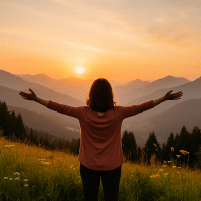 Vrouw met open armen in berglandschap bij zonsopkomst, als symbool voor vrijheid en balans in lichaam en geest