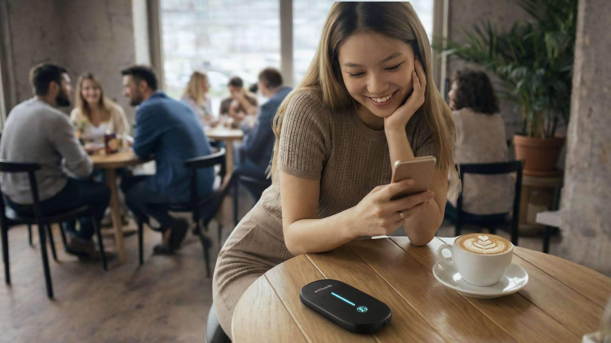emGuarde portable onderweg bij de koffie emGuarde bescherming onderweg