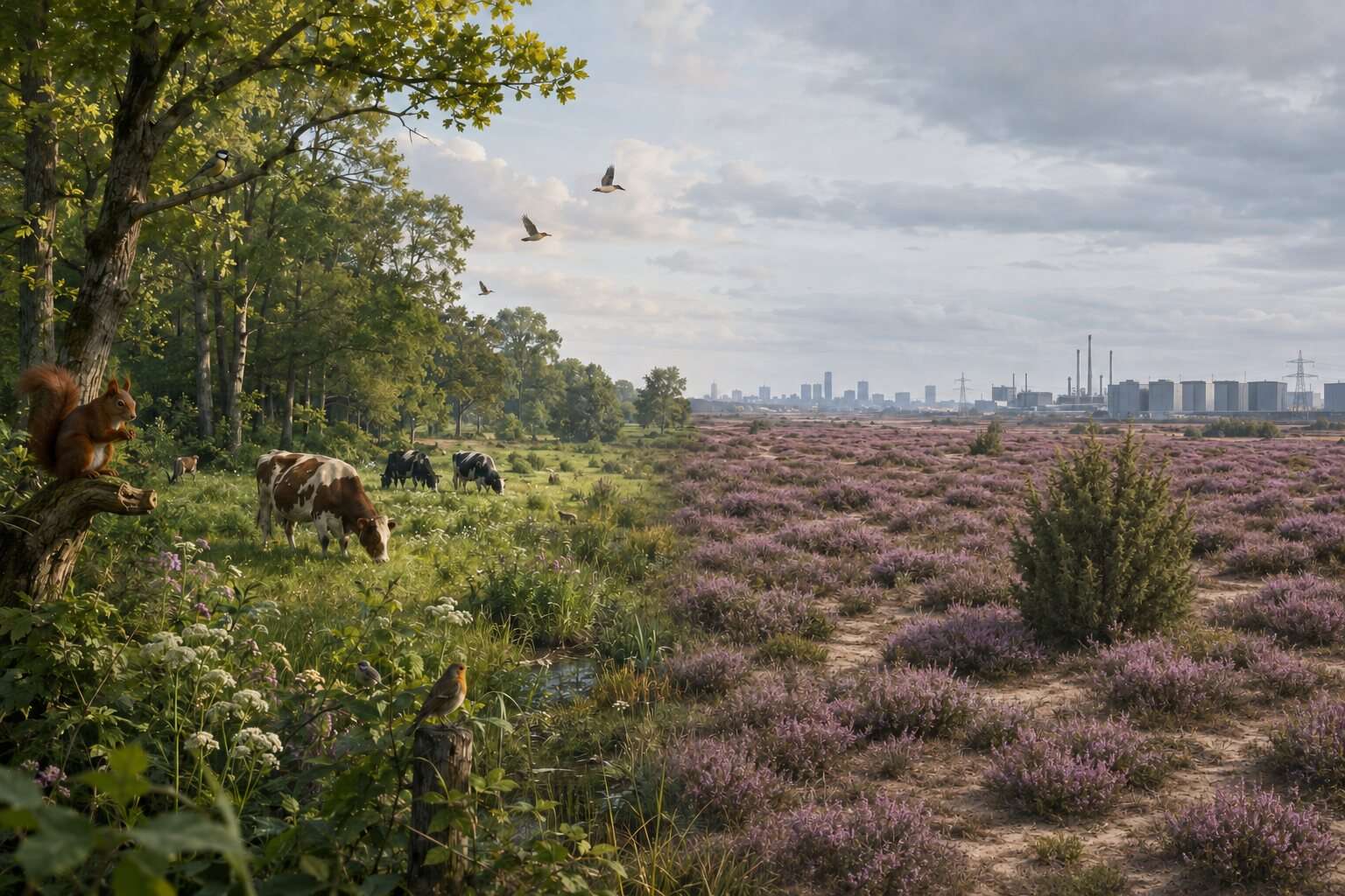 Koeien, bos en Natura 2000-heide met datacenters op de achtergrond.